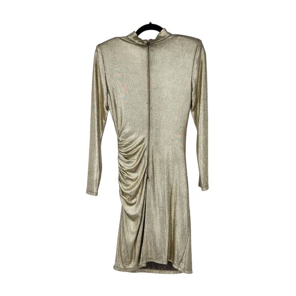 Alice & Olivia Hilary Ruched Long Sleeve Mock Neck Pale Gold Dress Size 10 - Picture 3 of 7